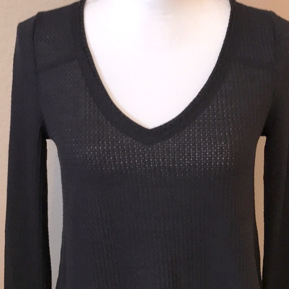 LUCKY BRAND Black Waffle Long Sleeve Top with Lace Size XS - Picture 2 of 16